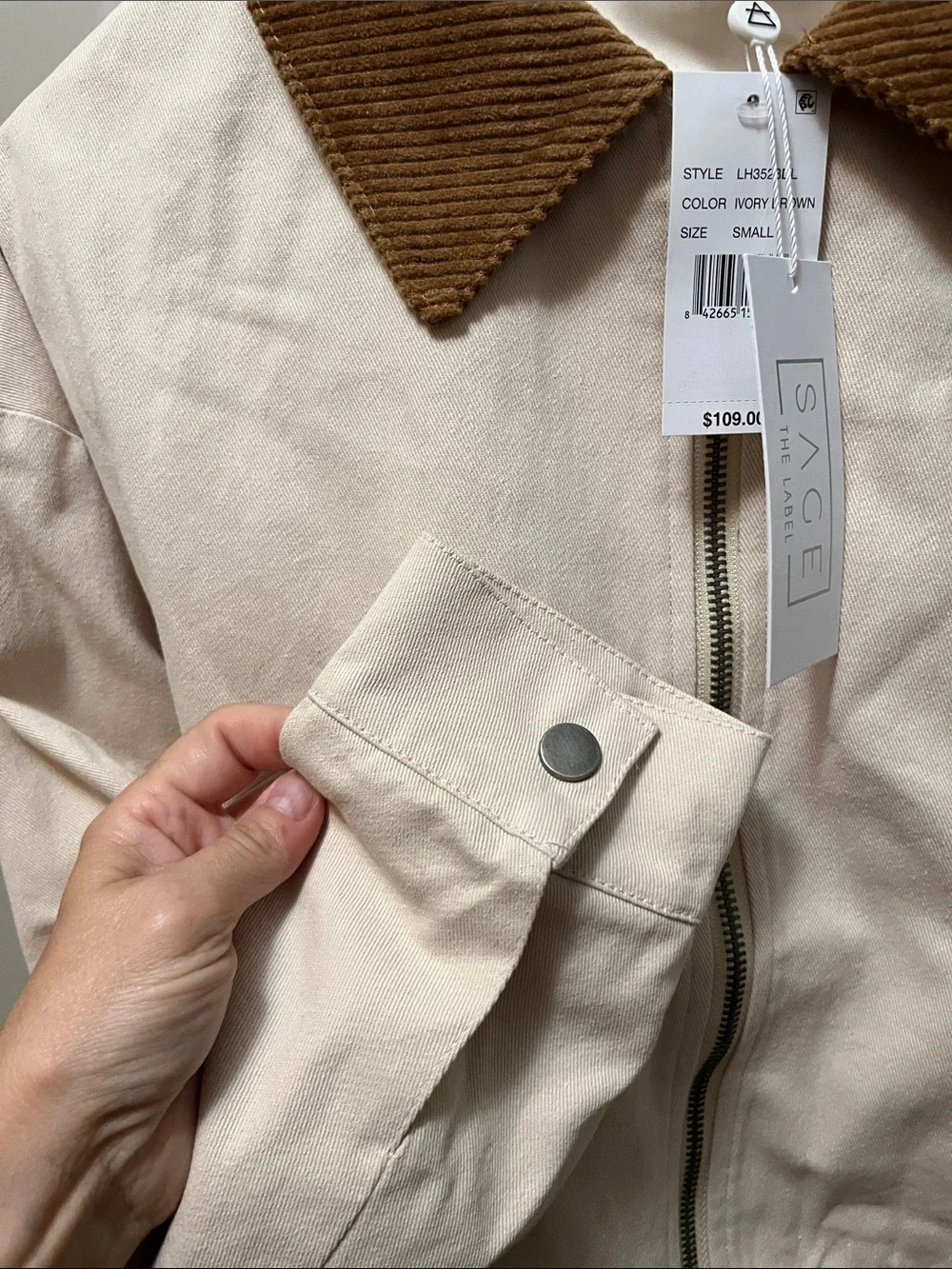 Sage The Label Cream Zip-Front Jacket w/ Brown Corduroy Collar Womens Small NWT